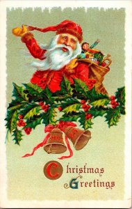 Vintage Santa Claus with Toys, Bells, Ribbons, Gifts Antique Christmas Postcard