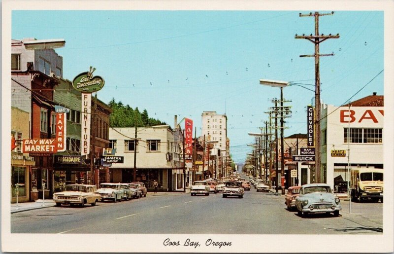 Coos Bay Oregon OR Street Scene Jugs Tavern Bay Motors Vintage Postcard H34