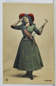 Rppc Patriotic Woman Salutes in Red White & Blue Accents Silver Gild Postcard O4