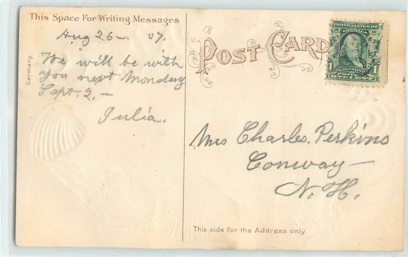 c1907 Embossed Shell Border Postcard S-50 Bath House, Revere Beach MA, Glitter