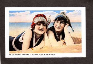 CA Two Women Bathers Hats Neptune Beach Alameda California Reprint Postcard