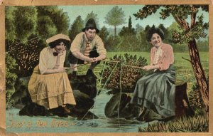 Vintage Postcard Just A Few Line Lake Fishing Love Triangle Comic Souvenir Card