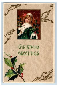 1908 Christmas Greetings Pretty Girl Holly Berries Embossed Natick MA Postcard 