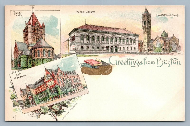 GREETINGS FROM BOSTON MA PIONEER 1895 ANTIQUE POSTCARD Trinity Church Library