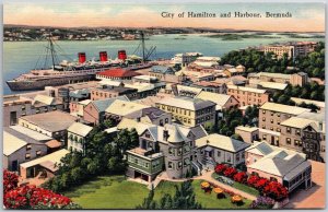 City Of Hamilton And Harbour Bermuda Buildings & Steamship In Distance Postcard