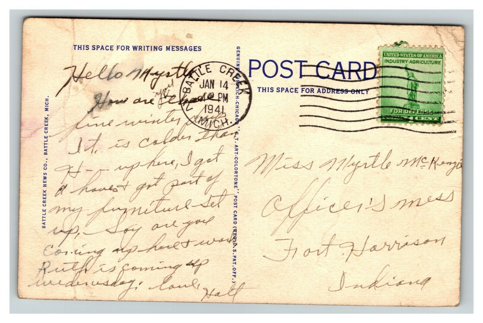 Vintage 1941 Postcard WK Kellogg Auditorium & Junior High School Battle ...