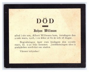 Johan Willman Vintage 1916 Swedish Death Announcement