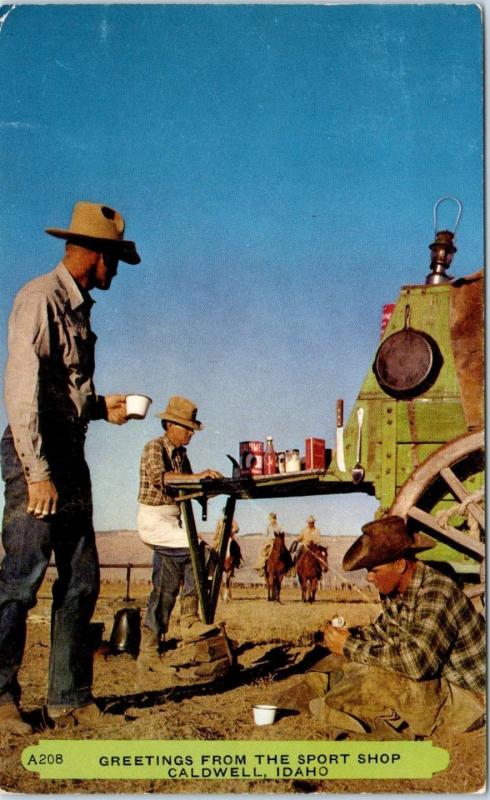 CALDWELL, ID  COWBOYS at LUNCH WAGON  1955  SPORT SHOP AD  Postcard