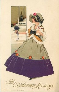 1914 Winsch, Schmucker? Embossed Valentine Postcard Stylish Lady w Bouquet