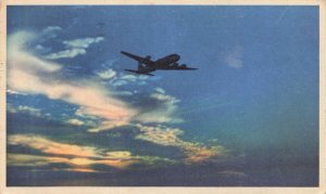 United Airlines DC-6 Airplane Postcard Silhouetted at Sunset
