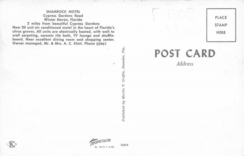 Winter Haven Florida FL 1960s Postcard Shamrock Motel