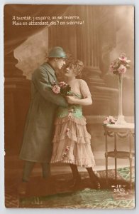 French Soldier With Prostitute Sexy Woman Hand Tinted Photo WW1 RPPC Postcard I9