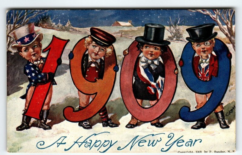 New Years Postcard Uncle Sam Child US UK Attire BIG 1909 Number Fantasy P Sander