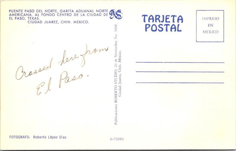Juarez, Mexico  CUSTOMS & BORDER CROSSING  El Paso~Texas  ca1950's Postcard
