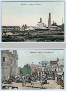 2 Postcards CHAUNY, FRANCE ~ Hotel de Ville TERNYNCK SUGAR REFINERY c1910s