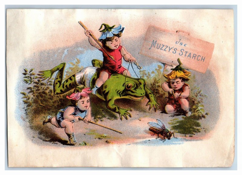 1880s Muzzy's Corn Starch Recipes On Back Fairies On Frog Hunting Fly &W