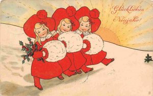 Three Red Hat Dress Girls Gluckliches Neujahr German New Year Greetings postcard