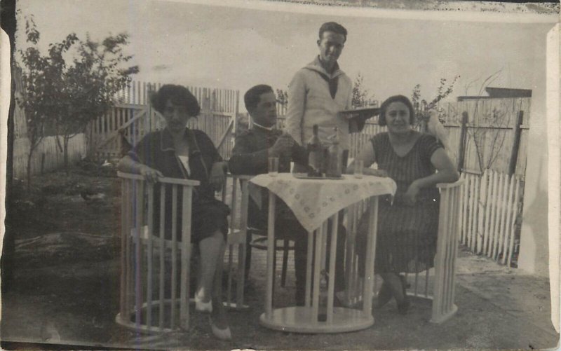 Military family souvenir instant real photo postcard restaurant waiter Romania