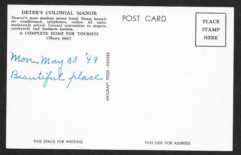 Street View Deters Colonial Manor Motel Denver Colorado Unused c1949
