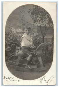 c1910's Little Boy Rocking Horse Toy England UK RPPC Photo Antique Postcard