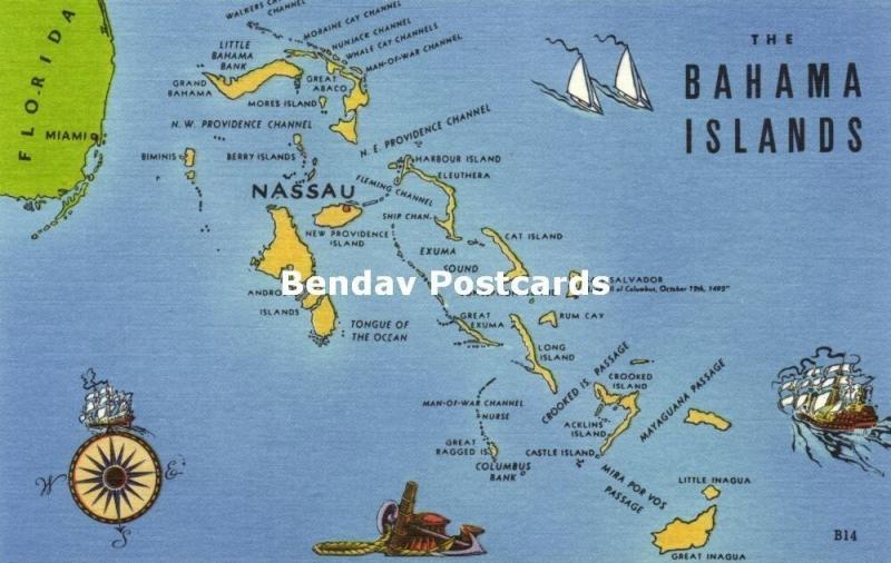 Bahama Islands, Nassau, MAP Postcard (1940s)