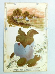 Vintage Postcard Easter Greetings Embossed Sail Boats, Young Birds and Floral