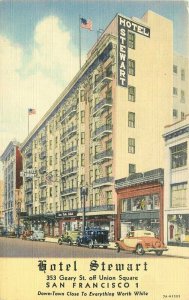 Automobiles Hotel Stewart roadside San Francisco California Postcard Teich 4399