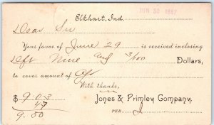 1887 Elkhart, Ind Jones & Primley Receipt 1c US Postal Card Fancy Cancel IN A162