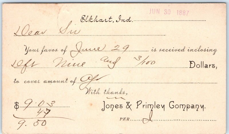 1887 Elkhart, Ind Jones & Primley Receipt 1c US Postal Card Fancy Cancel IN A162