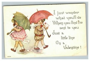 Vintage 1920's Valentines Postcard Cute Kids Umbrellas in the Rain Nice Poem