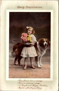 Postcard~Hearty Congratulations - RPPC - GIRL WITH DOG COLOR - VINTAGE PC
