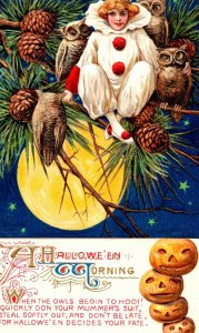 Vintage Winsch Beautiful Schmucker Girl, Clown, JOL & Owl Halloween Postcard