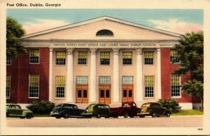 Vtg 1940s Post Office Dublin Georgia GA Old Cars Linen Postcard