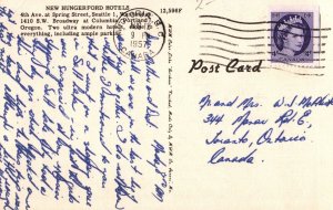VINTAGE POSTCARD HUNGERFORD HOTELS AT PORTLAND OR & SEATTLE WA LINEN MAILED 1957