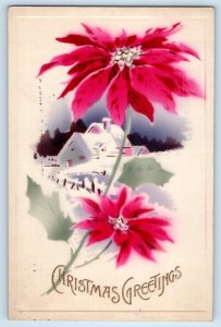 Christmas Postcard Greetings Poinsettia Flowers Houses Covered Snow Winter 1914
