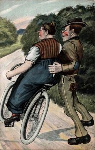 Antique Postcard HUBERT Austrian Man Pushing Fat Woman on Bike Bicycle