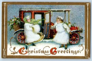 c1910's Christmas Greetings Children Winter Suit Snowy Holly Berries Postcard