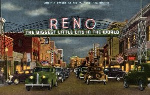 1940s RENO NEVADA VIRGINIA STREET NIGHT OLD CARD NEON LIGHTS LINEN POSTCARD P884