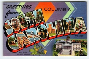 Greetings From Columbia South Carolina Large Big Letter Linen Postcard Unused