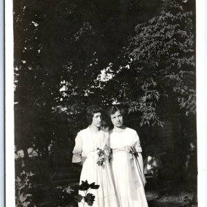 c1910s Two Young Ladies RPPC Ugly & Cute Girl Outdoors Real Photo Postcard A94