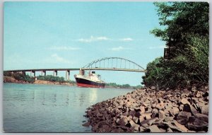 Vtg St Georges Delaware DE High Level Bridge Freight Cargo Ship 1950s Postcard