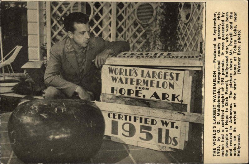 Hope Arkansas AR Largest Watermelon Movie Star Dick Powell Vintage Postcard