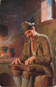 German musical folk type music instrument pipe smoker old fine art postcard