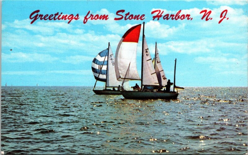 Greetings From Stone Harbor NJ New Jersey Sailboats Postcard PM Cancel WOB Note 