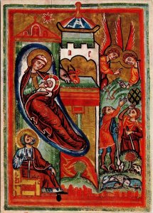 The Nativity early 13th Cent Evangelist Great St Martin Kale-red Postcard