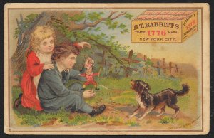 VICTORIAN TRADE CARD Babbitts Yeast Boy Girl Dog & Puppet