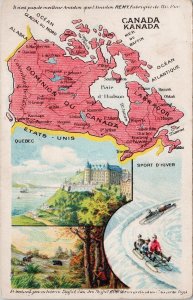 Canada Map Quebec Sport D'Hiver Sledding Bear QC Que Remy Postcard H41 *as is