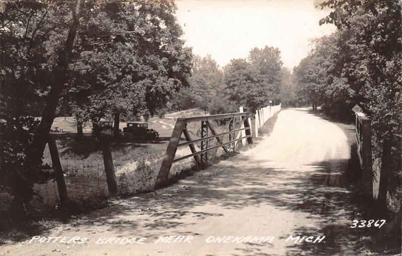 Onekama MI ~2 Vintage 1920s Autos Parked by Little Potter's Bridge~RPPC 1935 