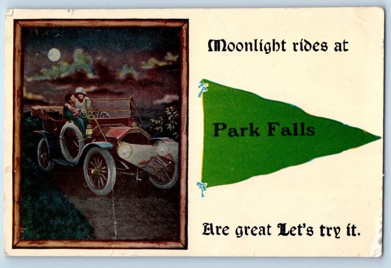 1915 Moonlight Ride At Park Falls Wisconsin Pennant Classic Car Antique Postcard