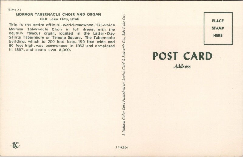 Mormon Tabernacle Choir and Organ Salt Lake City Utah Postcard PC475